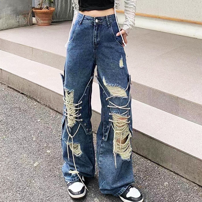 Ripped-Lace-Up-Baggy-Jeans-Boogzel-Clothing