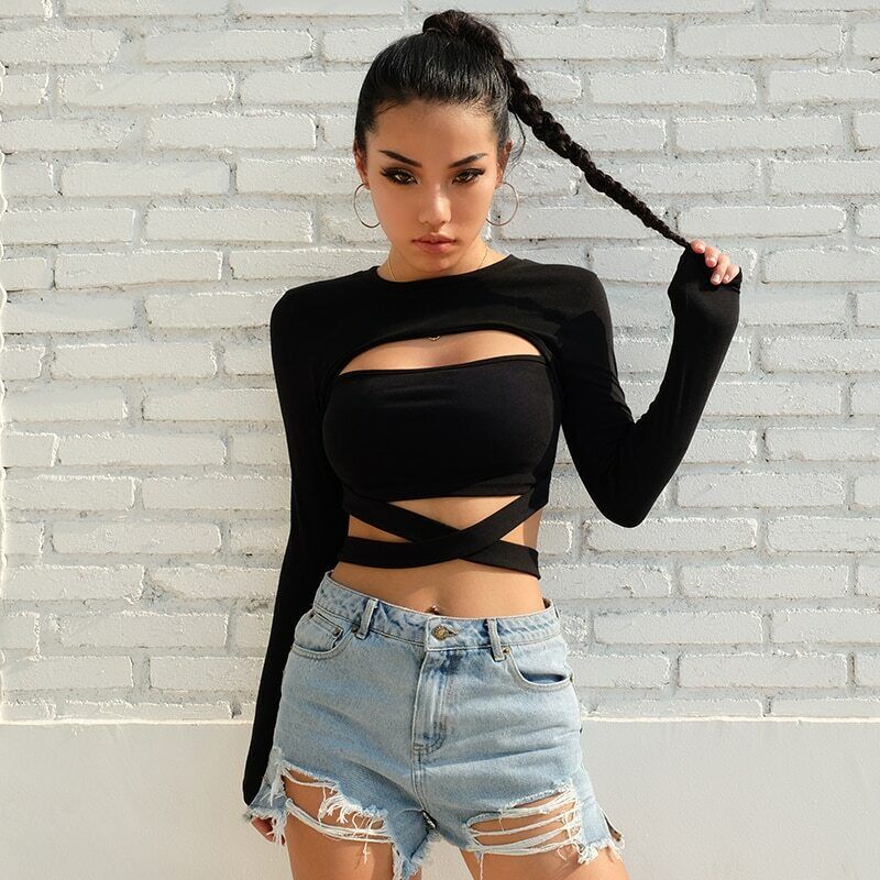 crop top over long sleeve shirt